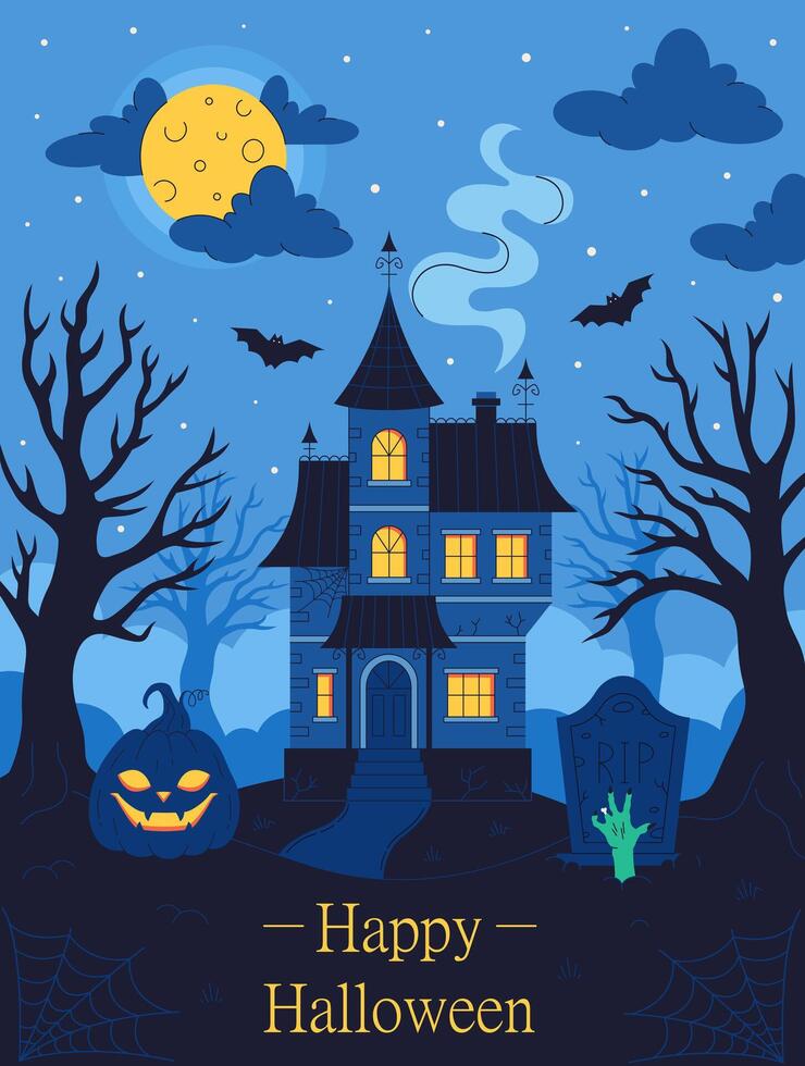 Haunted house with graveyard, pumpkin, bats, trees, full moon. Happy Halloween vector