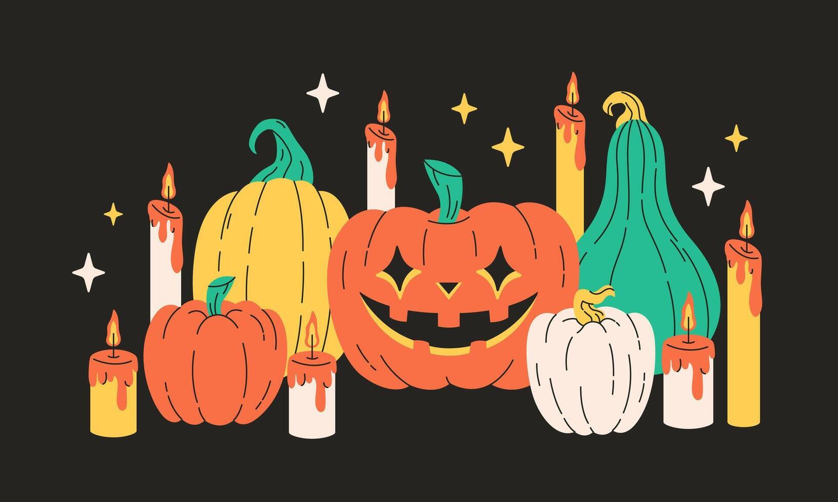 Halloween greeting card with pumpkins, stars and candles. Happy Halloween vector