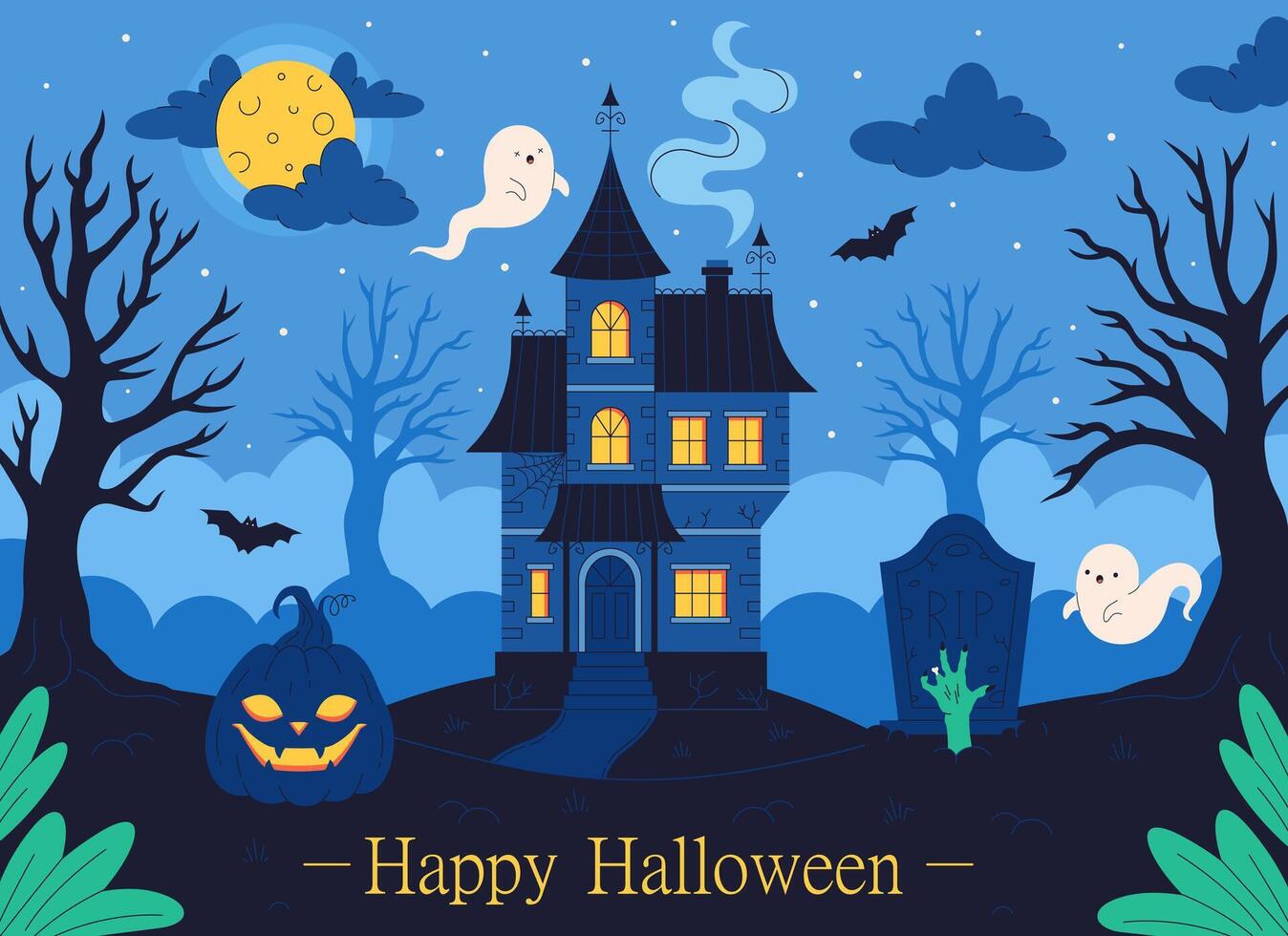 Haunted house with graveyard, pumpkin, bats, trees, full moon. Happy Halloween vector