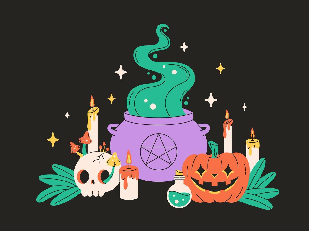 Halloween greeting card with cauldron with potion, skull, pumpkin, candles vector