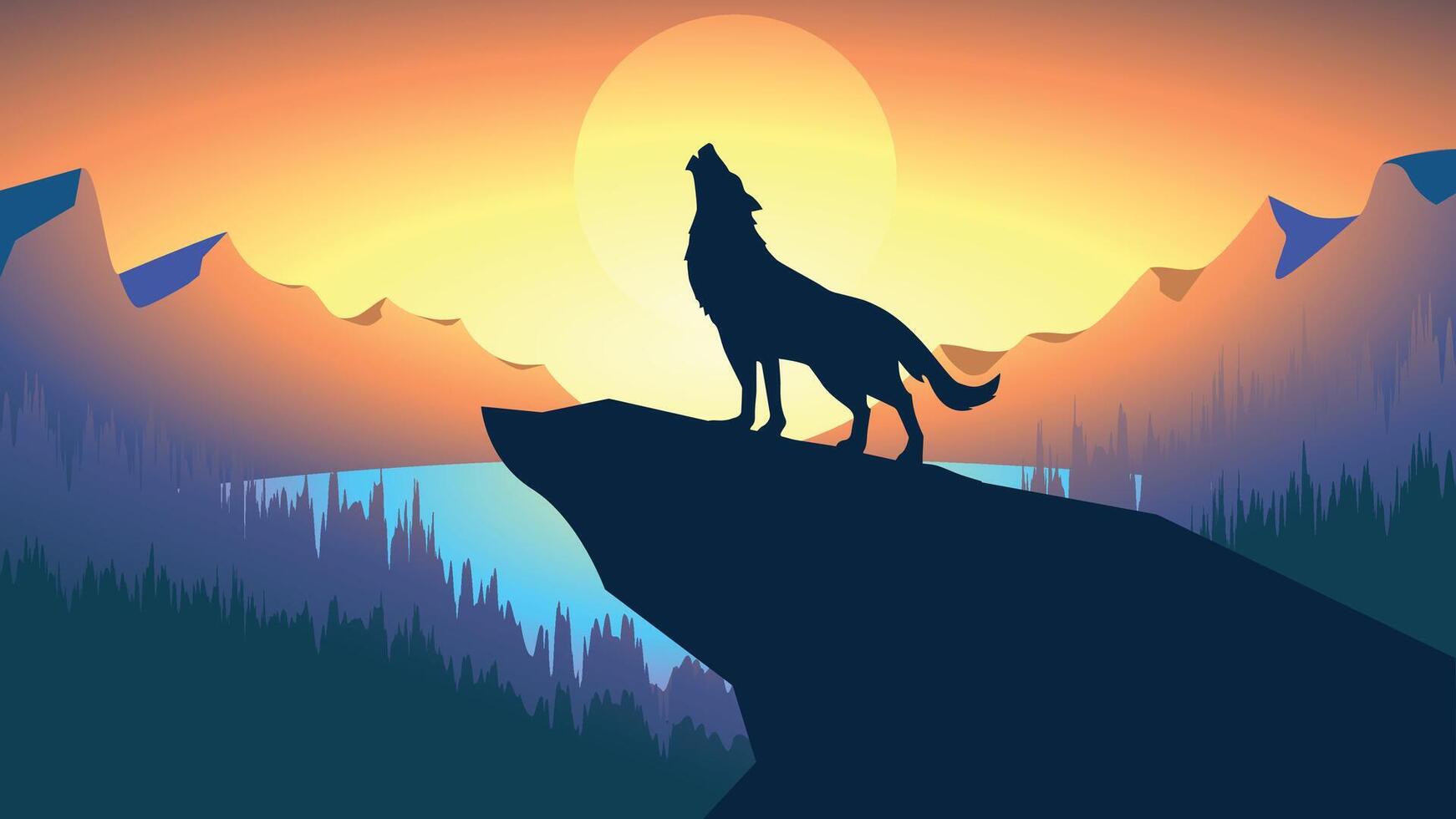 Beautiful Cartoon fantasy Landscape with sunset sunrise mountain range morning with wolf howling vector