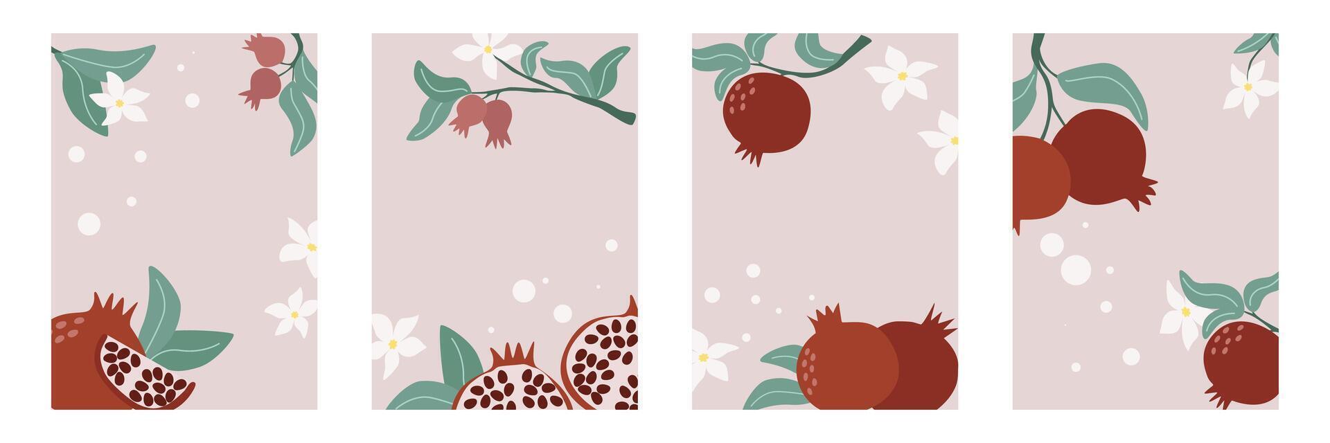 Set of 4 flyers with fruits and pomegranate flowers vector