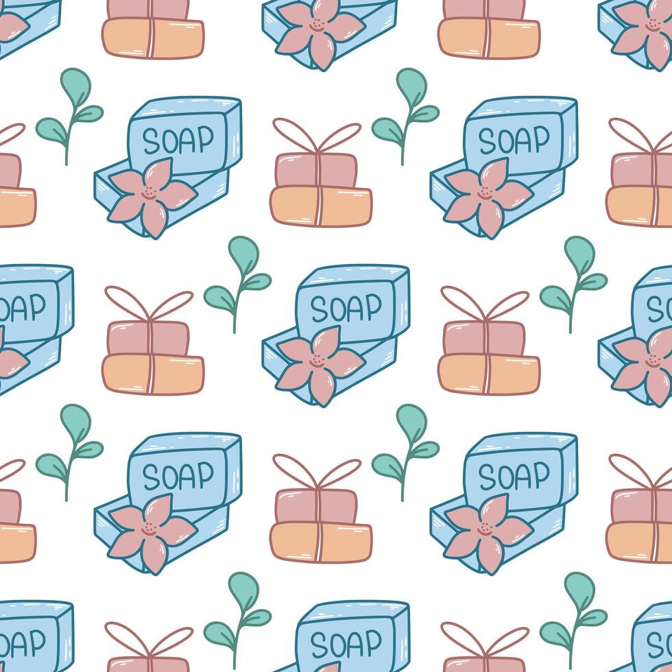 Seamless pattern with blue soap bars, flowers and green leaves on white background vector
