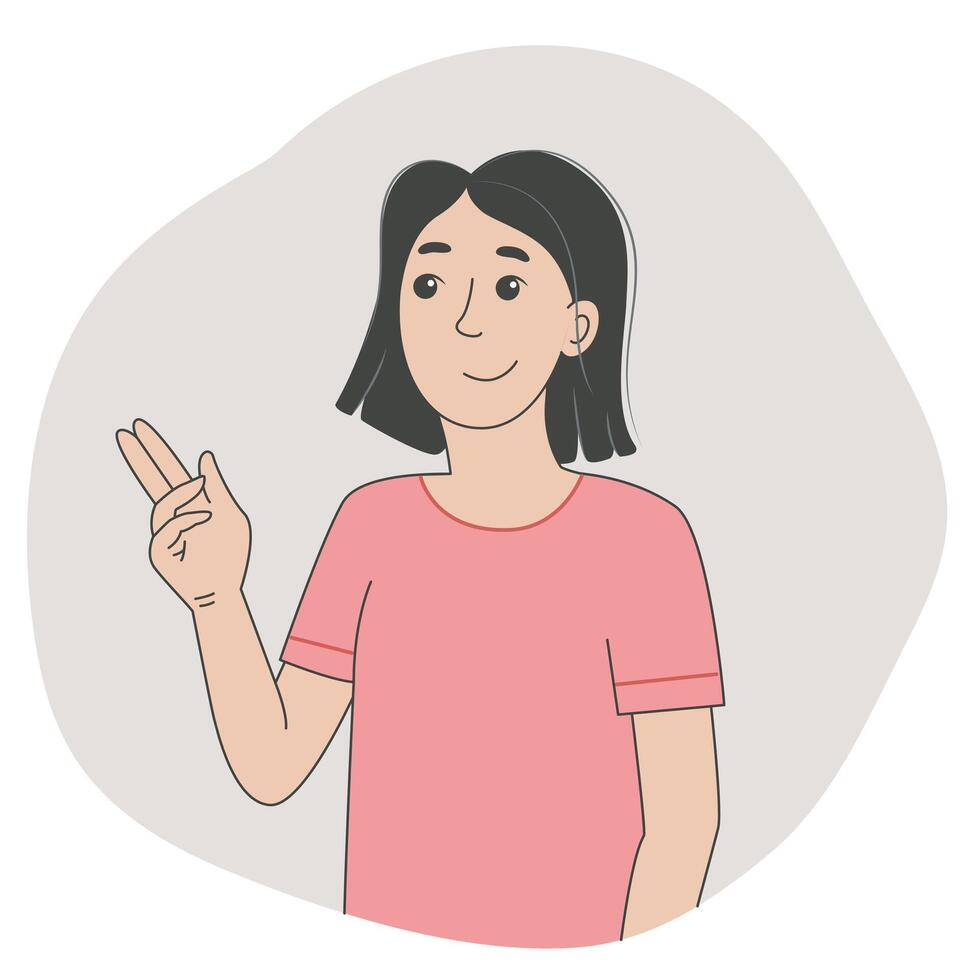 Young woman smiling and gesturing with three raised fingers, saying hello vector