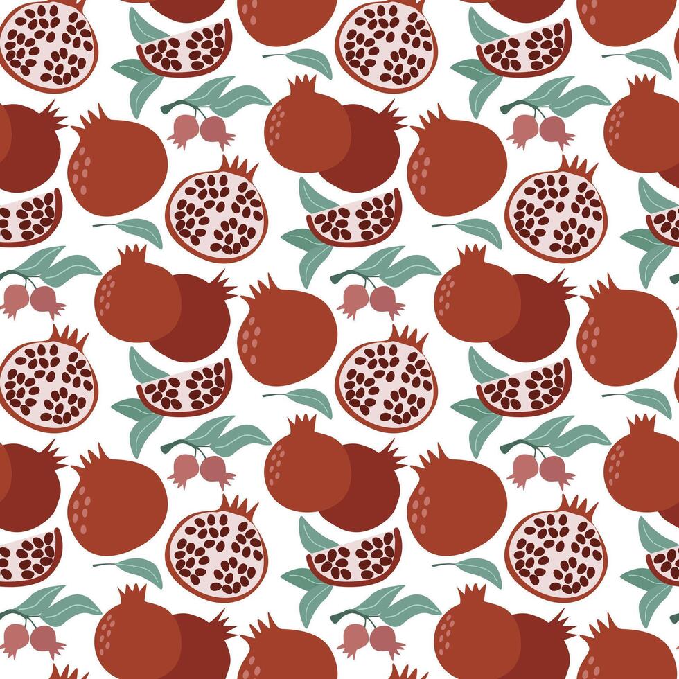 Pomegranate fruits and halves with leaves repeating seamless pattern vector