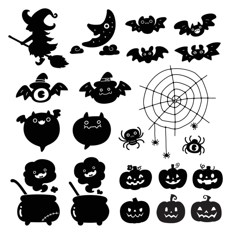 Set of silhouettes in Theme of Halloween on a white background. Kawaii Style. vector