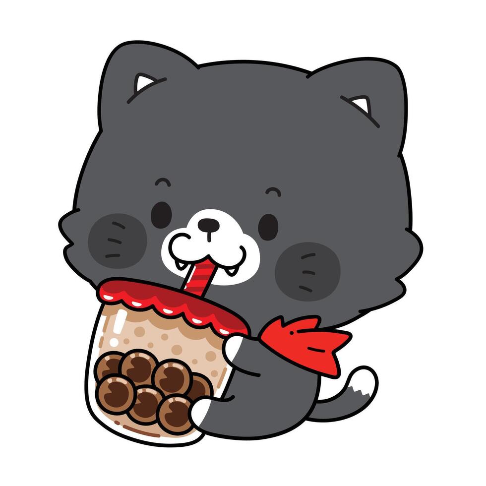 A Little Black Cat in Halloween costume is drinking Bubble Milk Tea. Chibi cute style vector