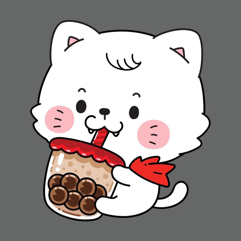 A Little White Cat in Halloween costume is drinking Bubble Milk Tea. Chibi cute style vector