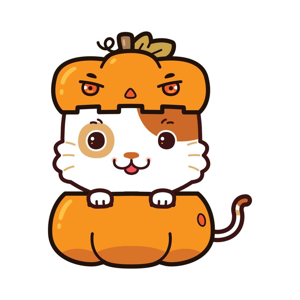 Cute calico cat in a pumpkin, Halloween Themes. vector