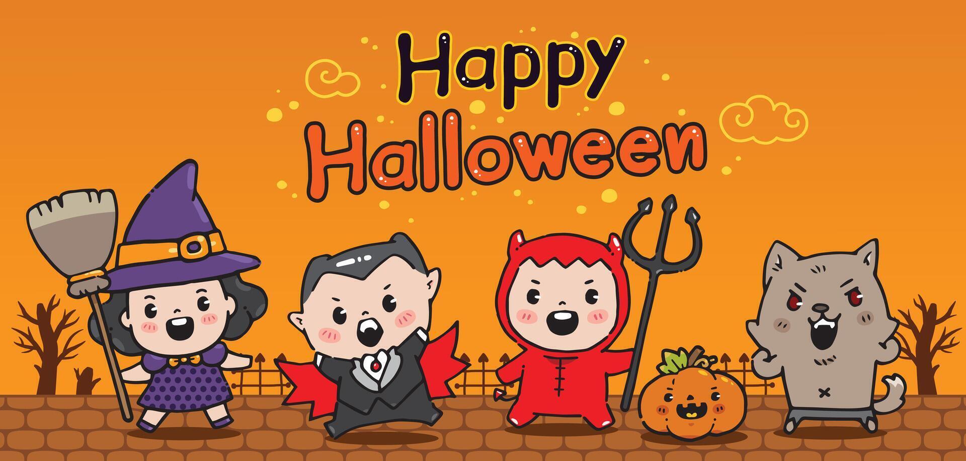 Cute child in witch, dracula, devil, and werewolf costume halloween themes. And spooky pumpkin. vector