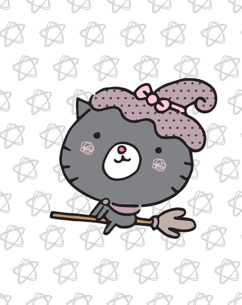 Black Cat in the flying broomstick. Halloween Theme. Kawaii Cartoon Style vector