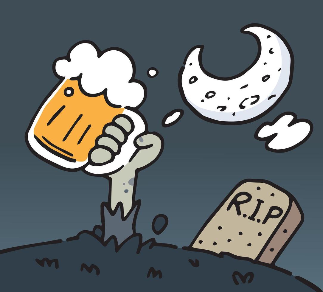 Zombie Hand holding a Beer Rising Out Of A Grave Scary and on cemetery Halloween background. Halloween Zombie Party. vector