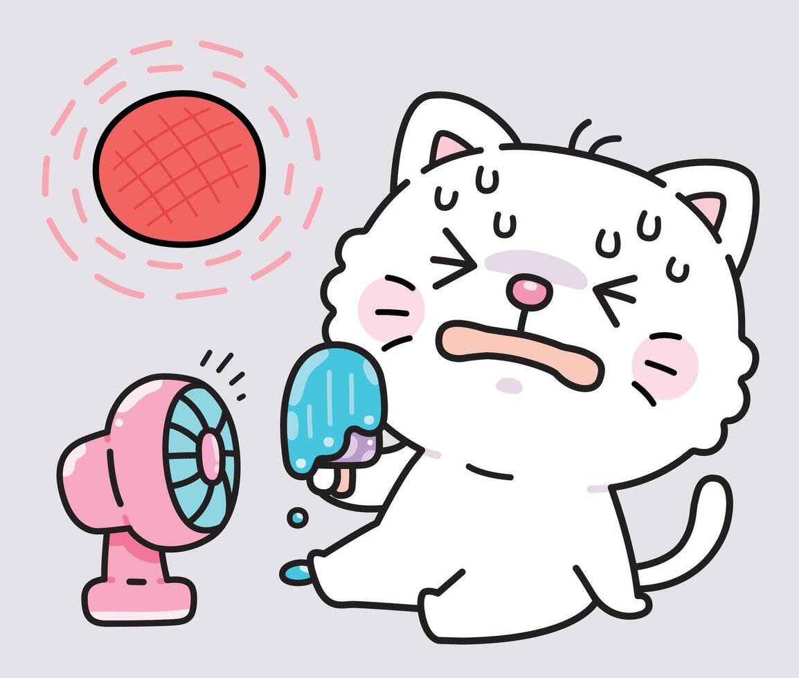 Cute cat eating ice cream bar in hot weather with a fan for cooling down vector