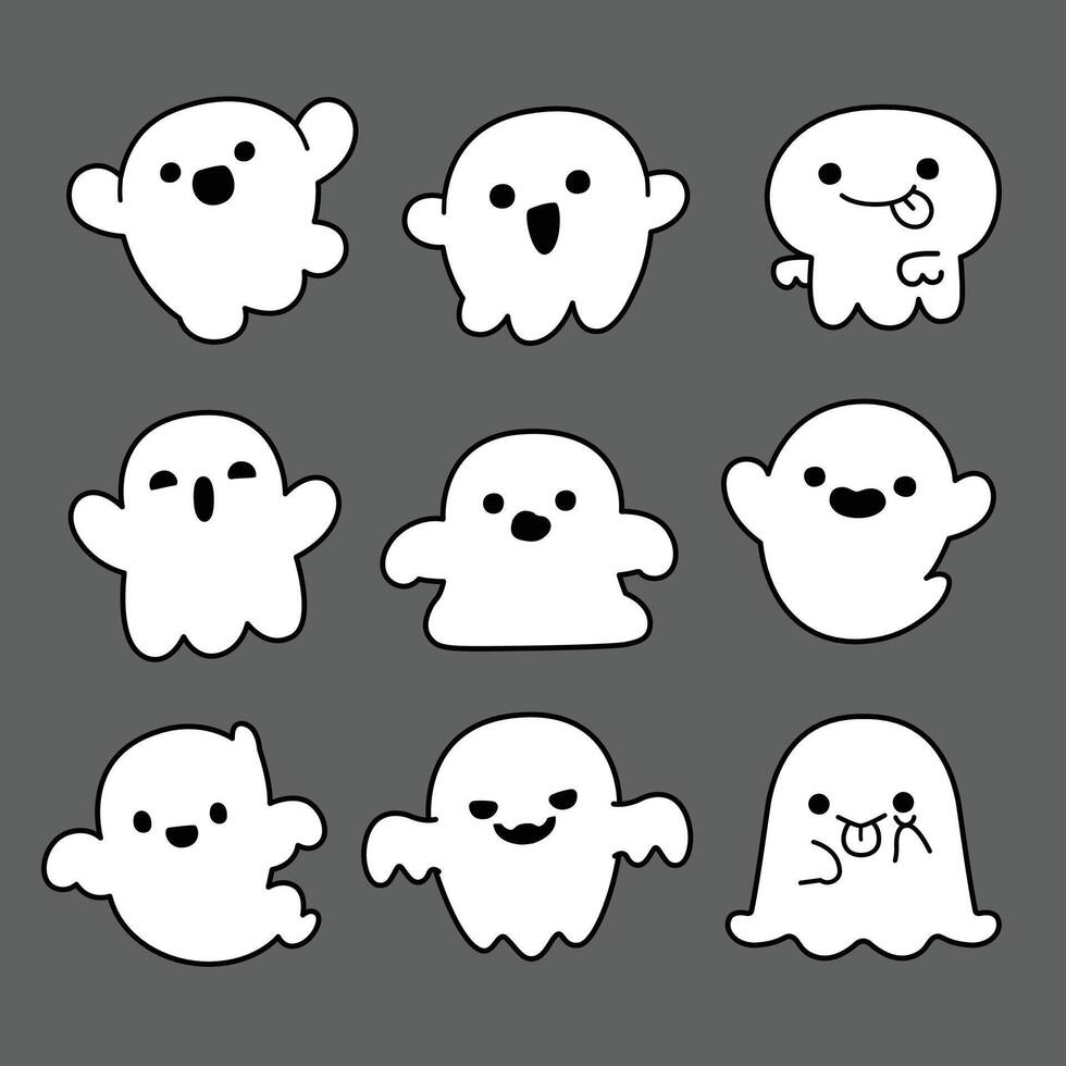 Set of Cute White Ghost in theme of Halloween. vector