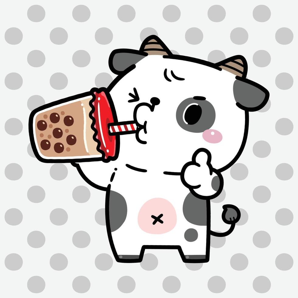 Cute Cow Eating Bubble Milk Tea to Thumb Up Gesture. Kawaii Cartoon Style. vector