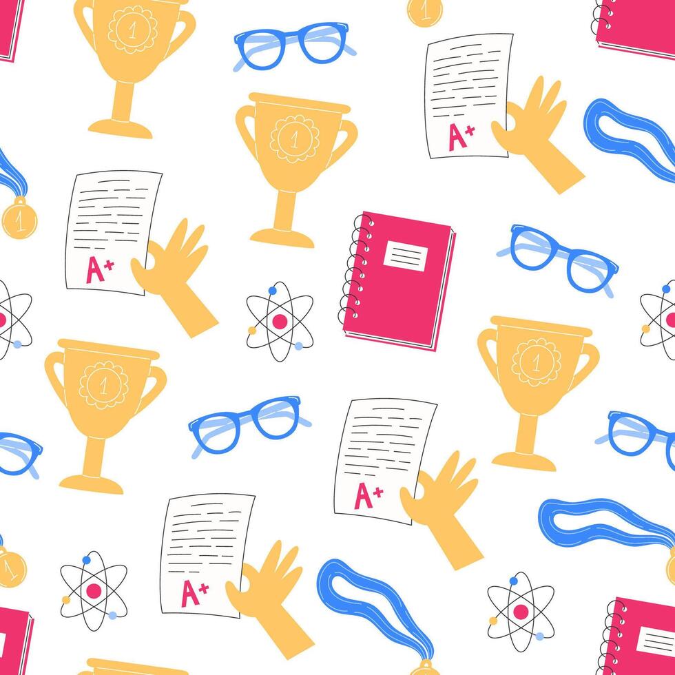 Seamless Pattern with School Supplies and Awards vector