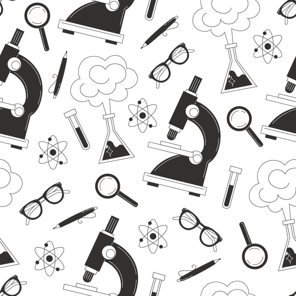 Seamless pattern with laboratory supplies in black and white colors vector