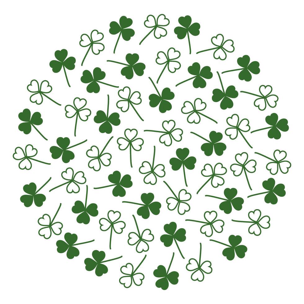 Silhouette and outline shamrocks in trendy green in circle shape. Round monochrome clover backdrop. Isolated. Wallpaper greeting cards, poster, banner, price, label or web, promo design concept vector