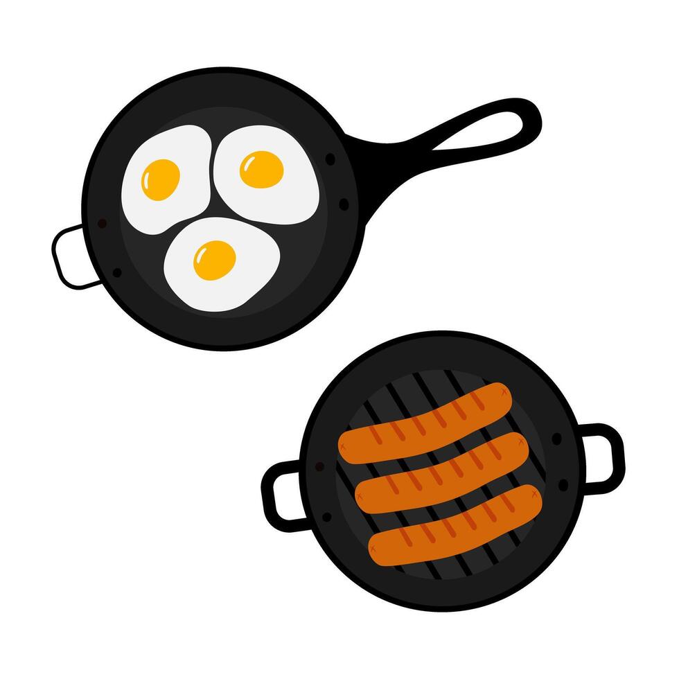 Grill pan with sausages and skillet with Fried eggs Top view. Culinary food poster or menu elements. Hand drawn Isolated Culinary food poster or card menu, banner, brochure, price design idea vector
