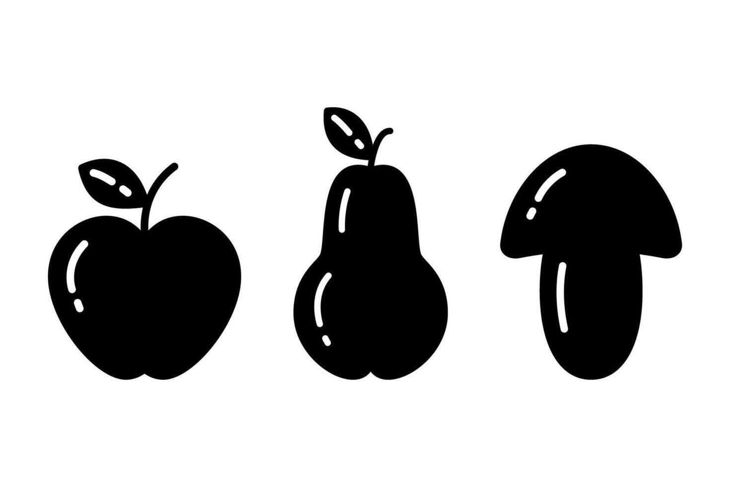 Silhouette Apple, Pear and Mushroom in minimalist style. Healthy food Logo, icon design concept. Isolate EPS . Sticker, cards, poster, banner, brochures, price tag, label or web, promo idea vector