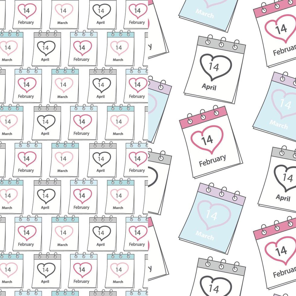 Seamless patterns of calendar pages with St Valentines Day, White and Black Day date and stroke. Set of 2. Texture. Isolate. EPS. for wallpaper, wrapping or web, posters, banner, label or price vector