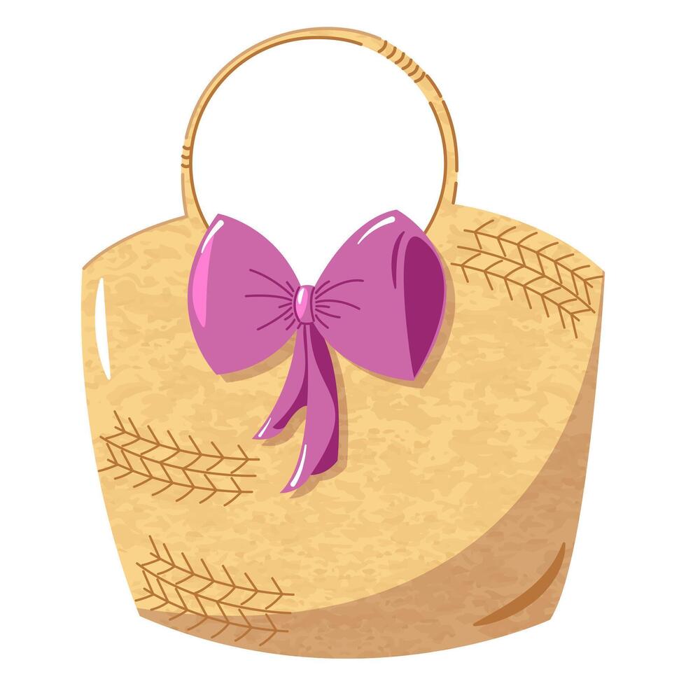 Wicker beach bag with decoration. Color flat illustration. vector