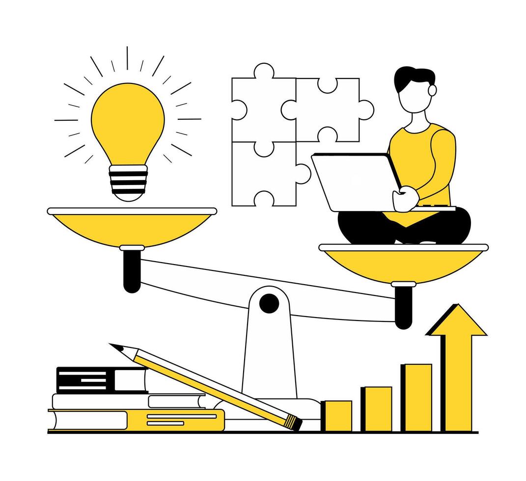 Education. On one scale hangs a light bulb and on the other a student. There are puzzles, books, and a diagram all around vector