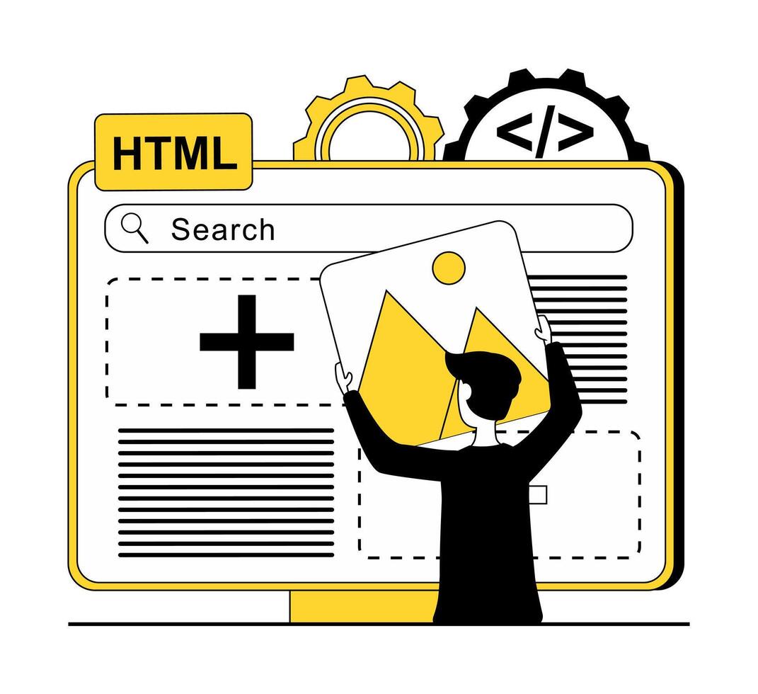 web desarrollo. un hombre construye un sitio web fuera de el elementos vector