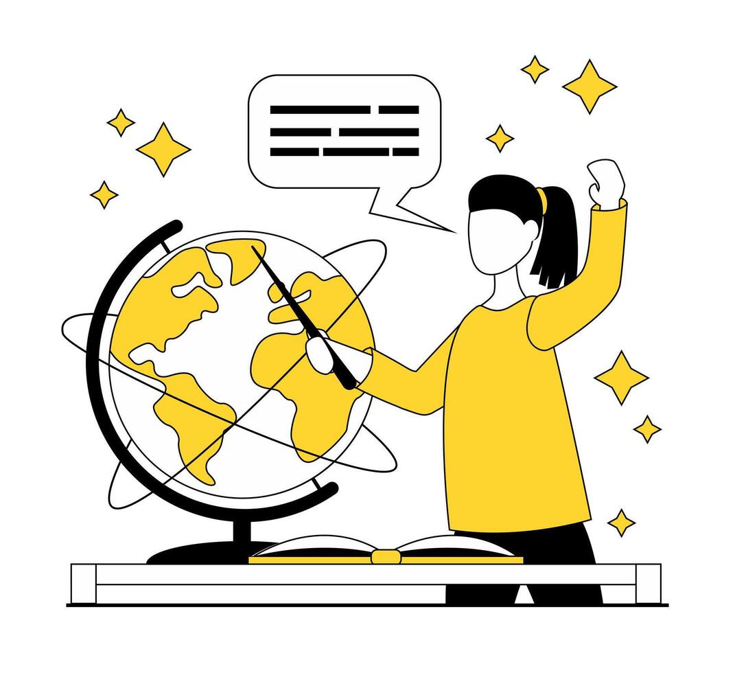 Education. The girl points to a globe with a pointer and talks about geography vector