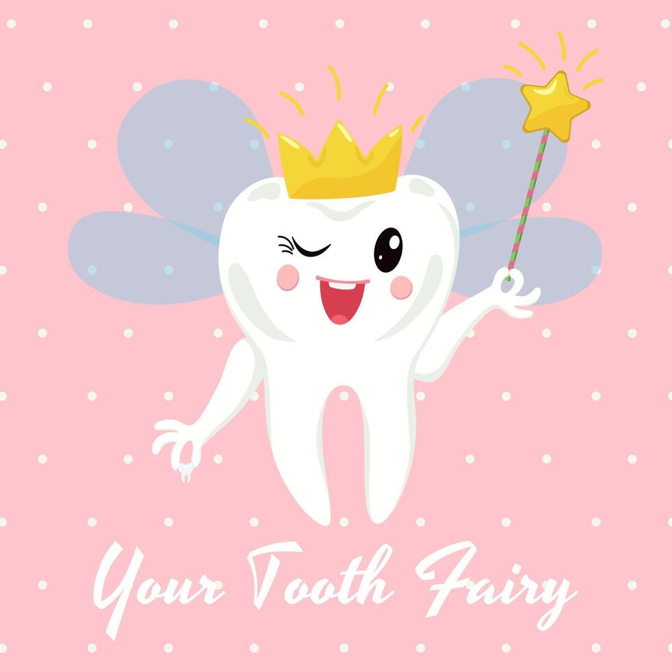 Fairytale tooth fairy princess with a magic wand. Dental character for children's dentistry. National Tooth Fairy Day card. vector