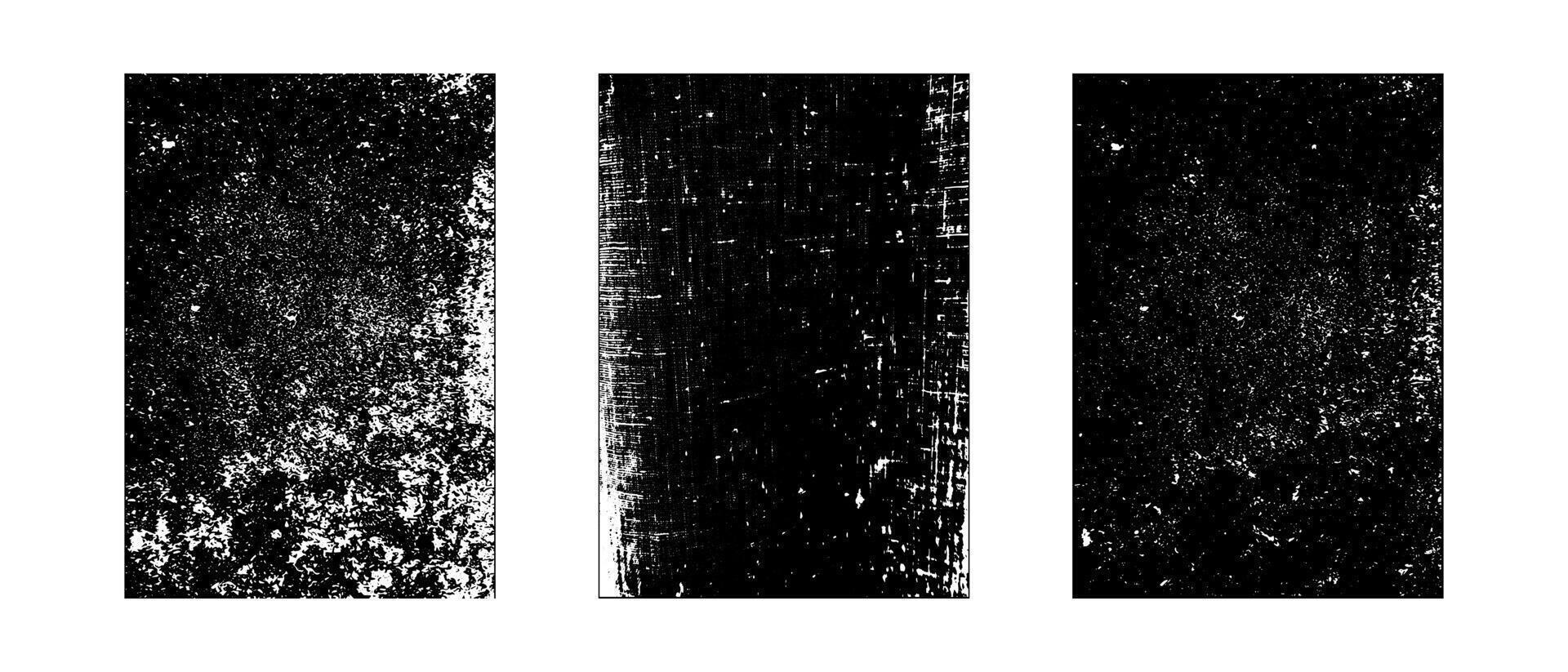 Set of three vintage distressed texture overlays. Black and white grunge effect for worn background. Rough dirty grainy A4 paper design. vector