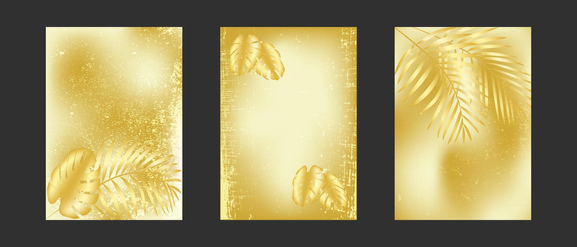 Luxurious gradient gold backgrounds with tropical foliage. Golden shabby texture. A set of elegant A4 covers with palm leaves. vector