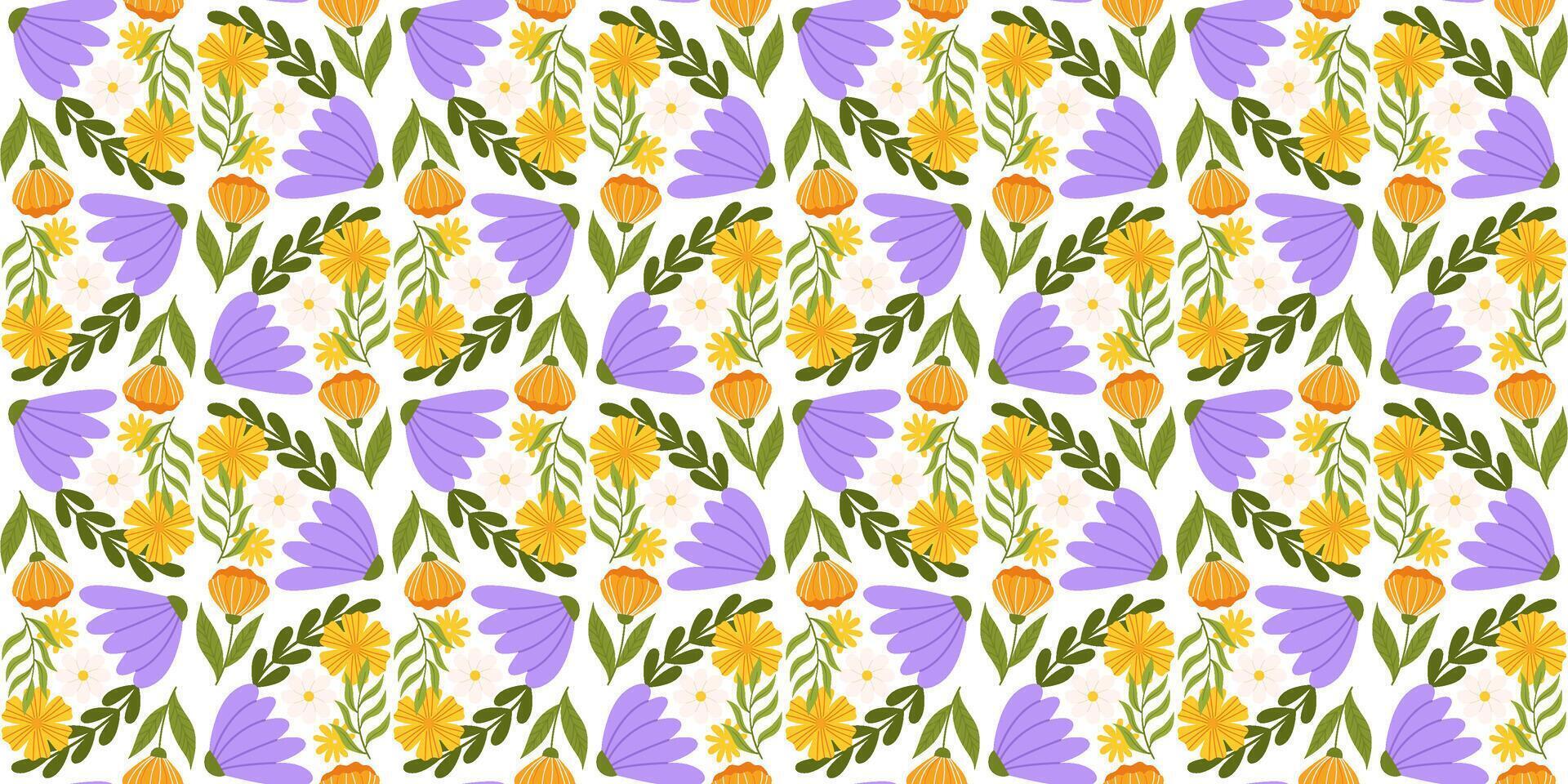 Seamless pattern motif displaying floral elements. Botanical repetitive fabric or wallpaper design with yellow, orange, and lilac flowers, different leaves. vector