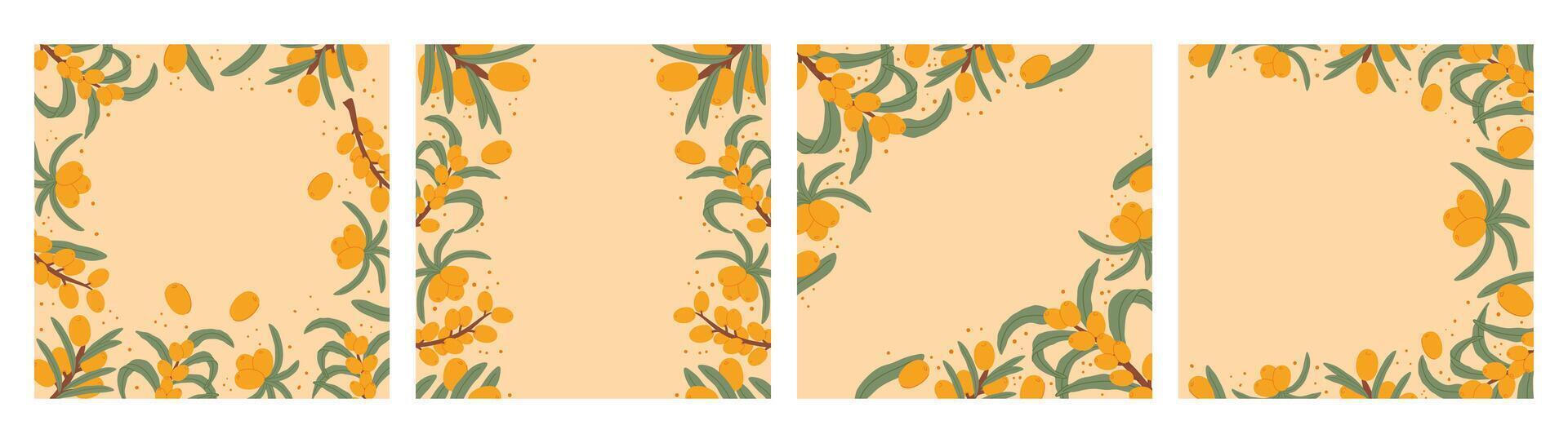 Autumn Themed Promotional Post for social media, Sea Buckthorn Fall Sale, orange berries and green leaves, beige background. Simple, elegant layout brings attention to our seasonal deals. vector