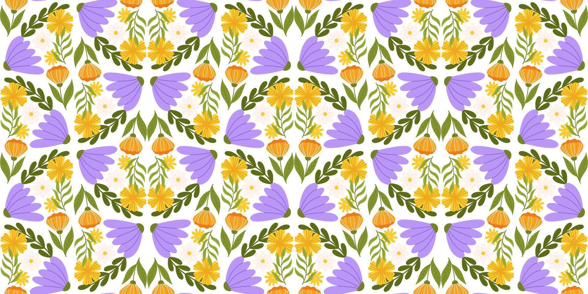 Seamless surface design showcasing floral elements. Botanical-inspired repetitive fabric or wallpaper pattern with yellow, orange, and sizable lilac flowers, various leaves. vector