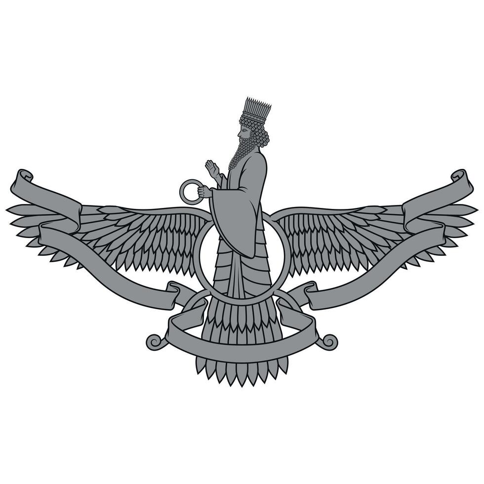 Zoroastrian winged solar disk with ribbon vector