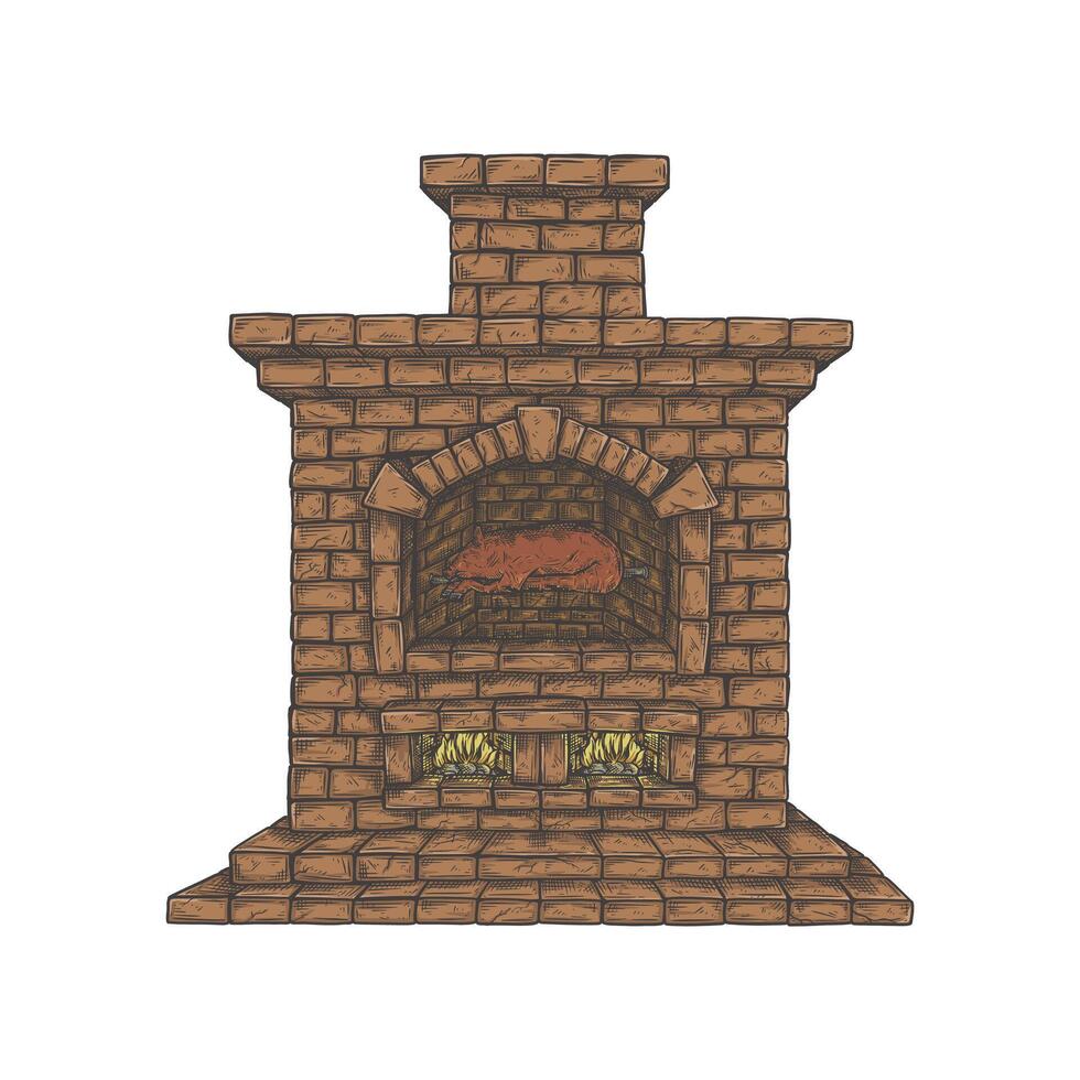 fire pit with a grill pork in vintage hand drawn style . vector