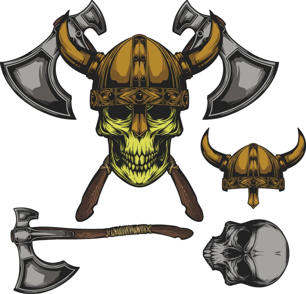 viking skull with battle axes and war helmet vector