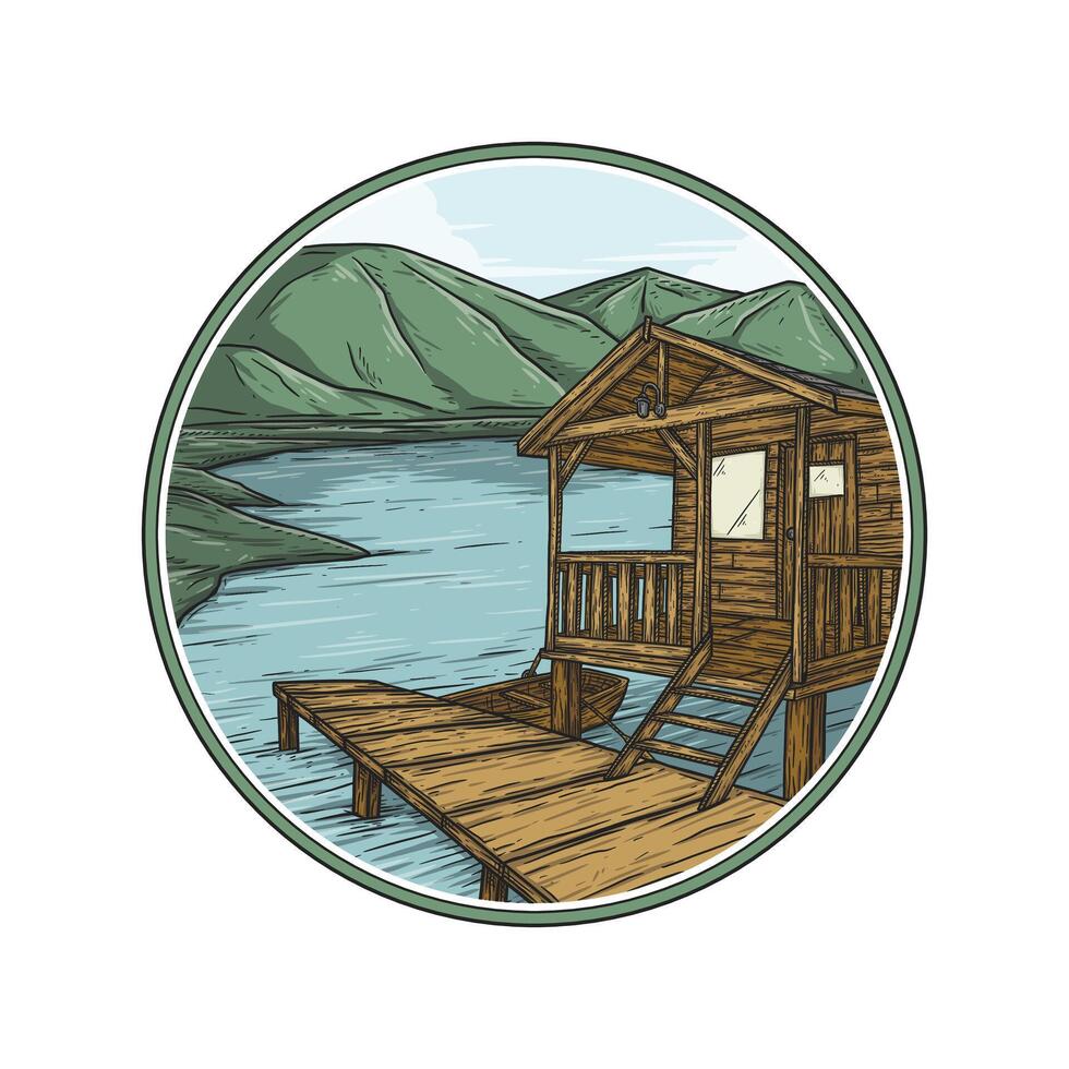 boat house in lake with mountain landscape vector