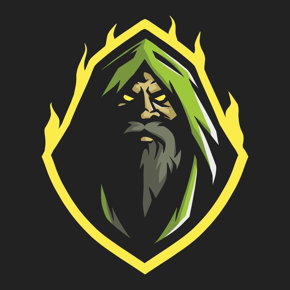 e sport logo witch in green hood and fire vector