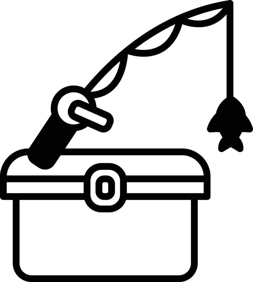 Fishing rod and fish box icon in line style. vector