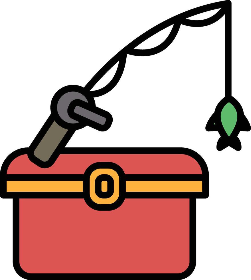 Fishing rod and fish box icon in line style. vector