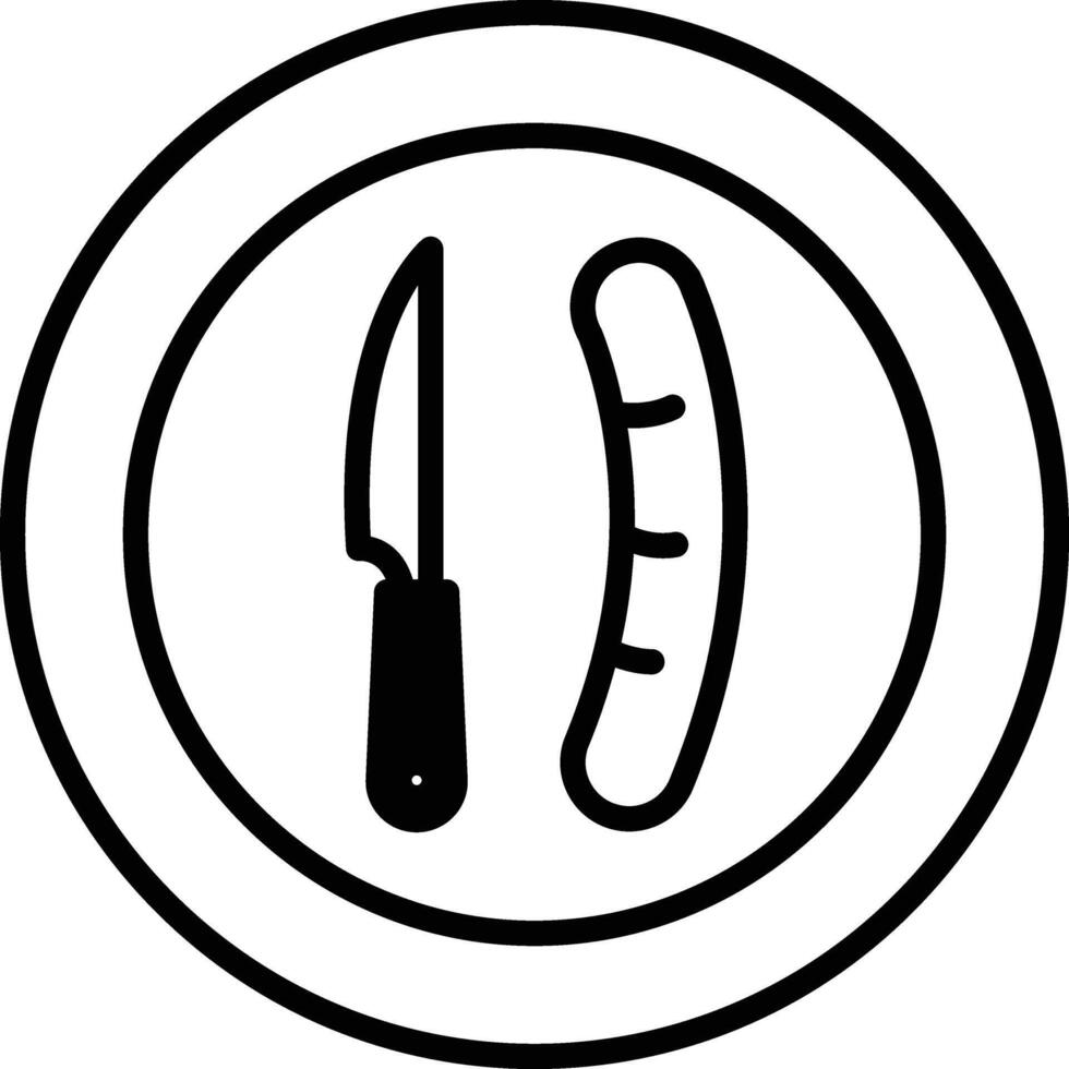Knife and sausage on the plate in line icon style vector