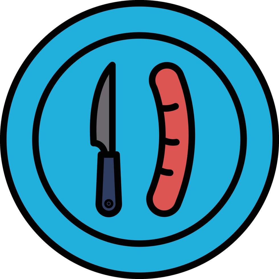 Knife and sausage on the plate in line icon style vector