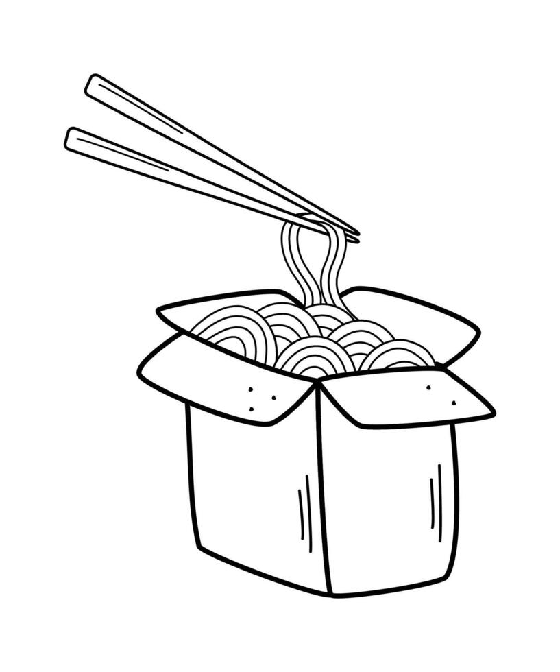 Noodles with chopsticks in a box, doodle icon. illustration of Chinese food, udon. Isolated on white. vector