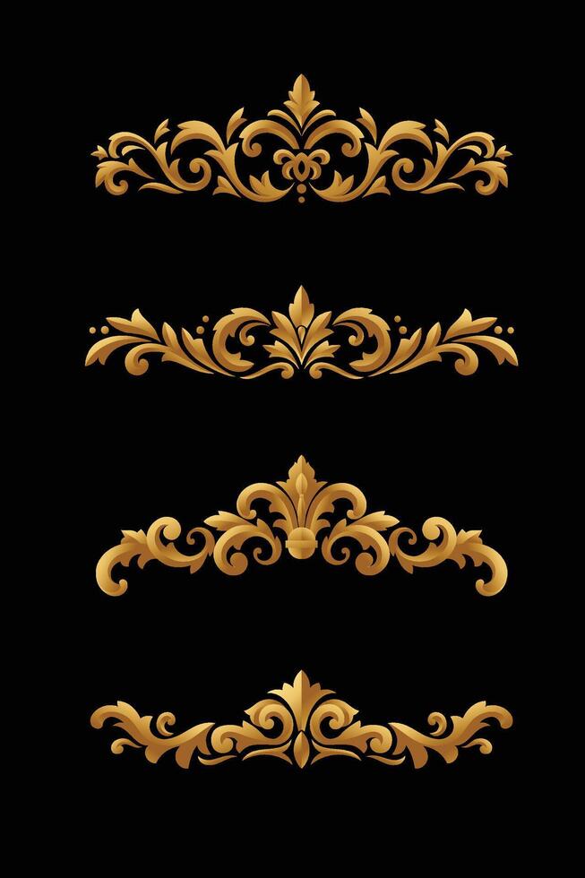 collection of Golden floral elements and embellishments in retro style isolated on black background vector