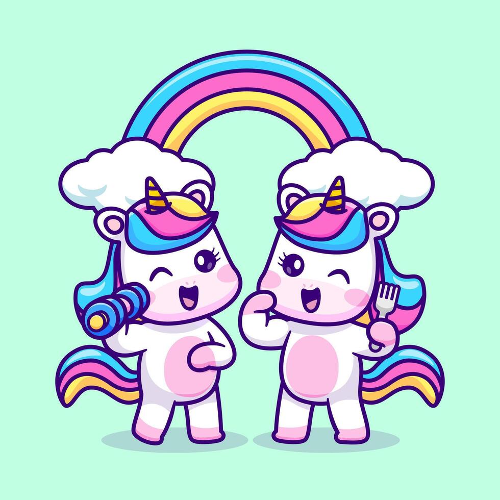 Cute Couple Unicorn Lifting Dumbbell With Fork On Rainbow Cartoon vector