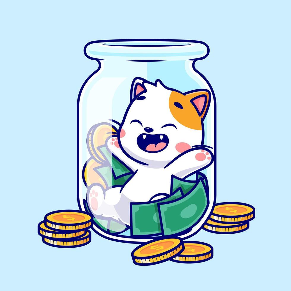 Cute Cat With Money And Gold Coin In Bottle Cartoon vector