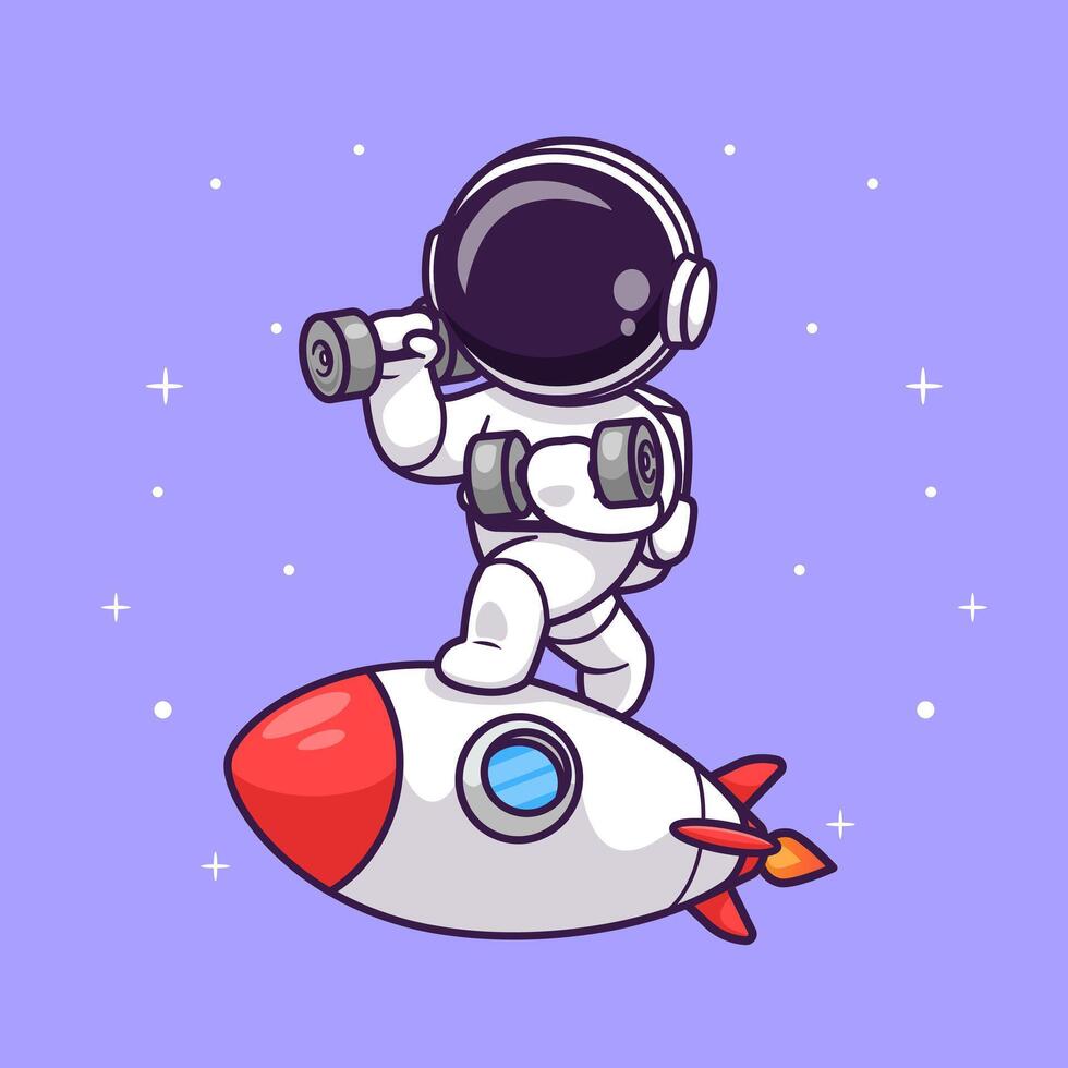 Cute Astronaut Lifting Dumbbell On Rocket In Space Cartoon vector