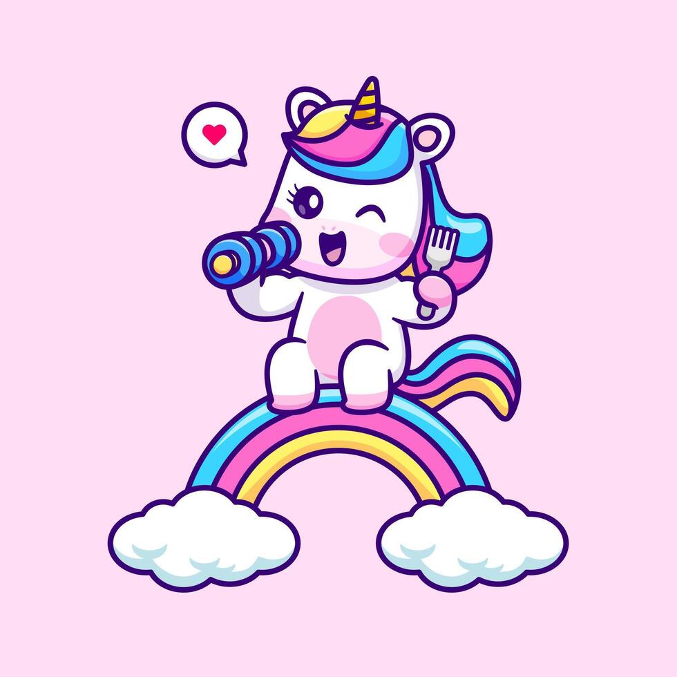 Cute Unicorn Lifting Dumbbell And Fork On Rainbow Cartoon vector